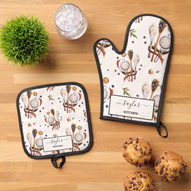 Personalized Cooking seamless pattern  Oven Mitt & Pot Holder Set (Top Down)