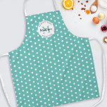 Personalized Cooking Vintage Teal Apron<br><div class="desc">Custom cooking apron featuring a fresh teal background that can be changed to any colour,  a vintage polka dot pattern,  your initial,  name,  and a sweet baking quote.</div>
