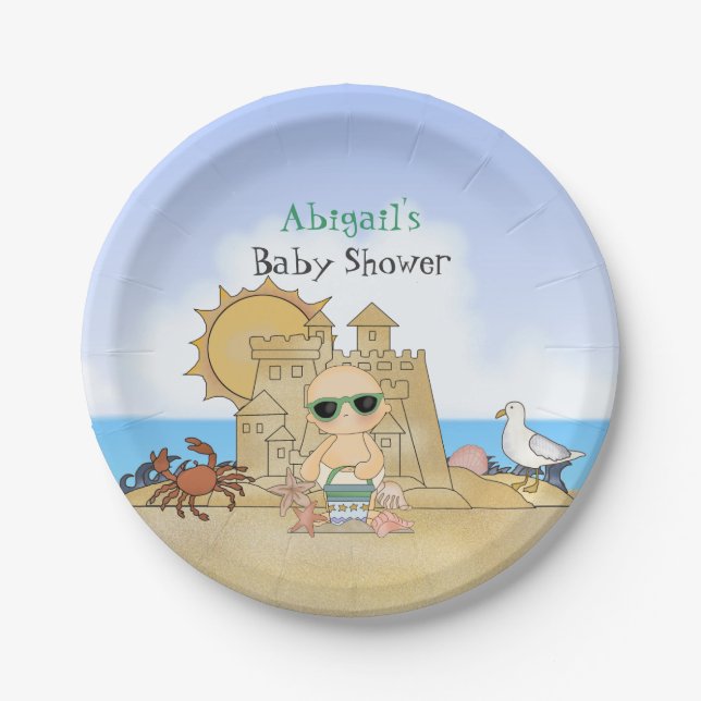 Personalized Cool Beach Baby Neutral Baby Shower Paper Plate (Front)