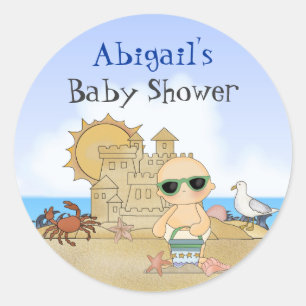 Personalized Cool Cute Beach Baby Boys Baby Shower Classic Round Sticker