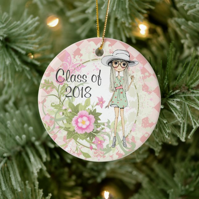 Personalized Cool Girl and Pink Flowers Graduation Ceramic Ornament (Tree)