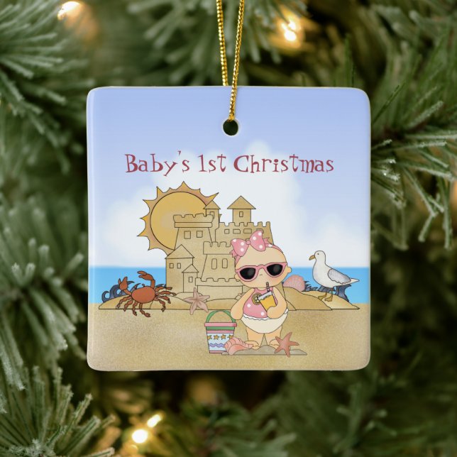 Personalized Cool Girl Beach Baby's 1st Christmas Ceramic Ornament (Tree)