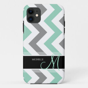 Personalized Cool Mint and Grey Chevron iPhone 11 Case