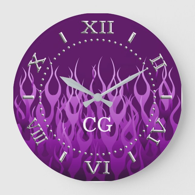 Personalized Cool Purple Racing Flames Dial on a Large Clock (Front)