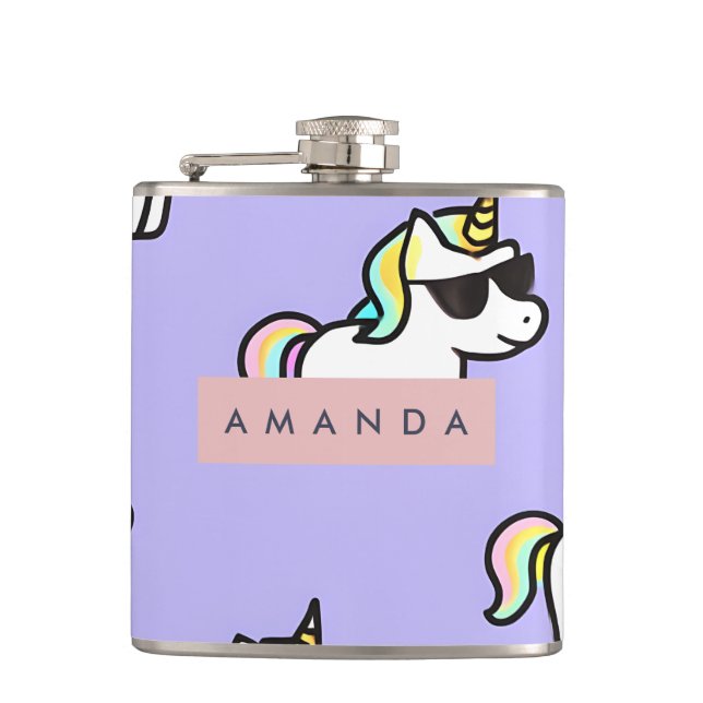 Personalized Cool Rainbow Unicorn Pattern Hip Flask (Front)
