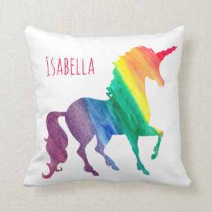 Personalized Cool Rainbow Unicorn Watercolor Girly Throw Pillow