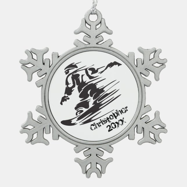 Personalized Cool Snowboarding Mountain Snowflake Pewter Christmas Ornament (Front)