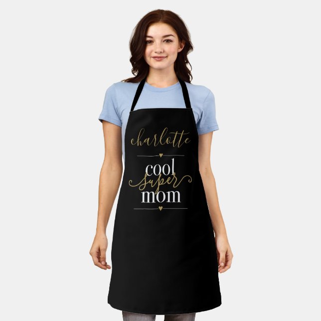 Personalized Cool Super Mom Black And Gold Apron (Worn)