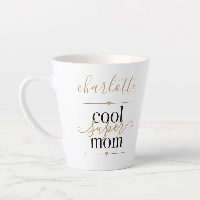 Personalized Cool Super Mom Black And Gold Latte M Mug (Left)