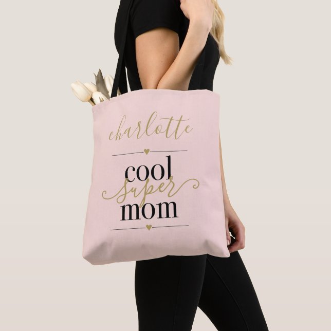 Personalized Cool Super Mom Blush Pink And Gold Tote Bag (Close Up)