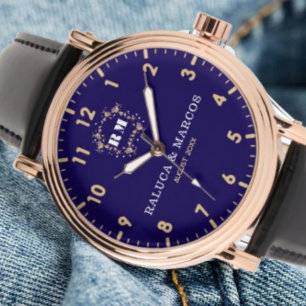 Personalized copule names minimal blue navy watch
