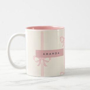 Personalized Coquette Blush Pink Bow Ribbon  Two-Tone Coffee Mug