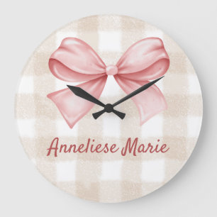 Personalized Coquette Bow and Beige Gingham Large Clock
