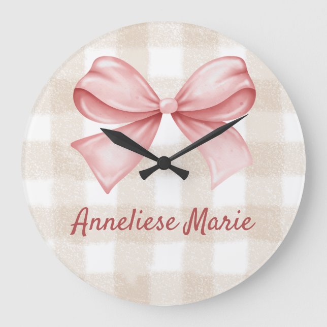 Personalized Coquette Bow and Beige Gingham Large Clock (Front)
