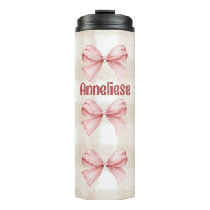 Personalized Coquette Bows with Beige gingham Thermal Tumbler