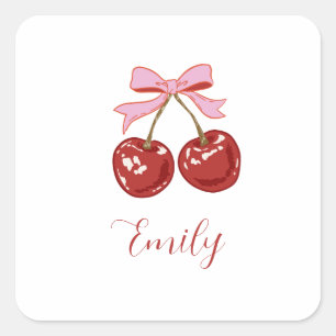 Personalized Coquette Cherry Bow Name Square Sticker