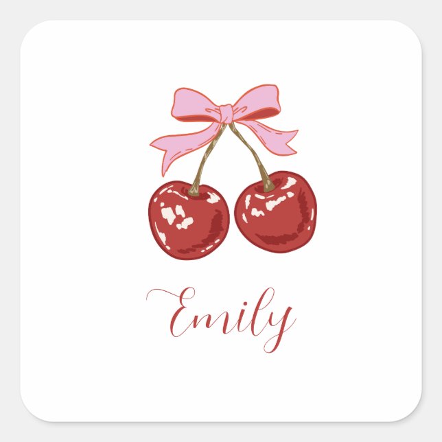  Personalized Coquette Cherry Bow Name Square Sticker (Front)