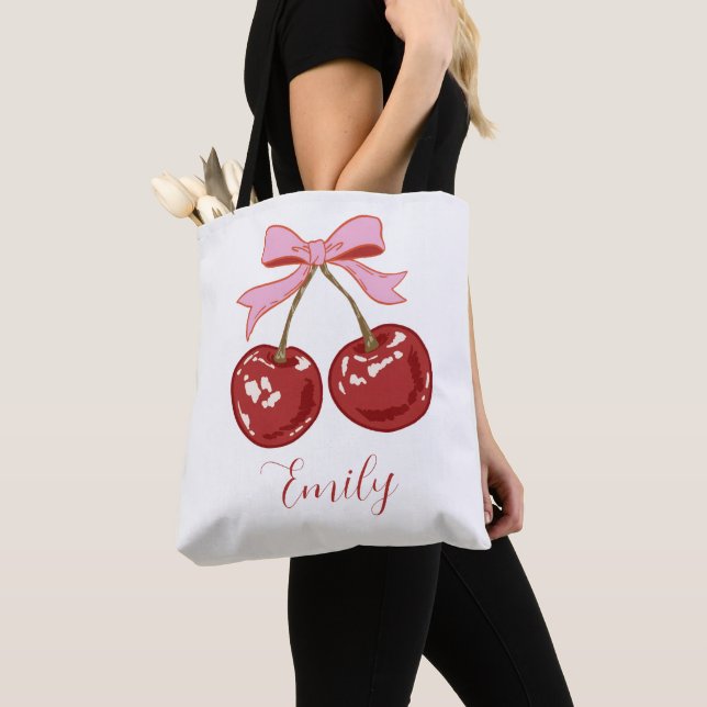 Personalized Coquette Cherry Bow Name  Tote Bag (Close Up)