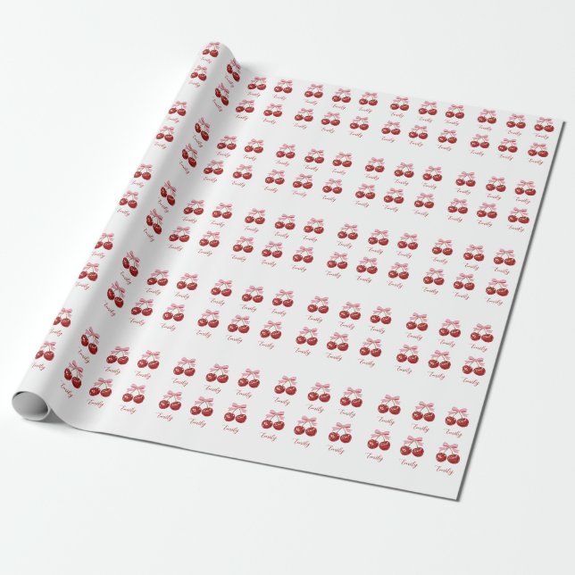  Personalized Coquette Cherry Bow Wrapping Paper (Unrolled)