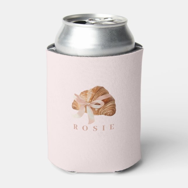 Personalized Coquette Croissant Pink Ribbon Can Cooler (Can Front)