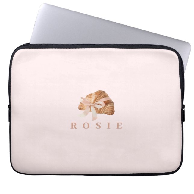 Personalized Coquette Croissant Pink Ribbon Laptop Sleeve (Front)