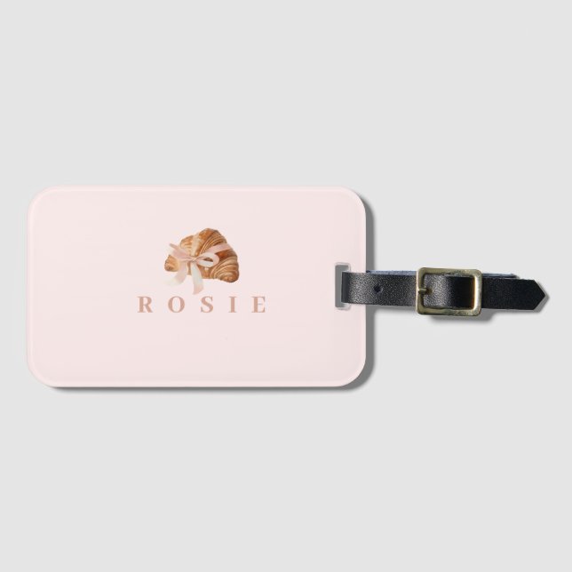 Personalized Coquette Croissant Pink Ribbon Luggage Tag (Front Horizontal)