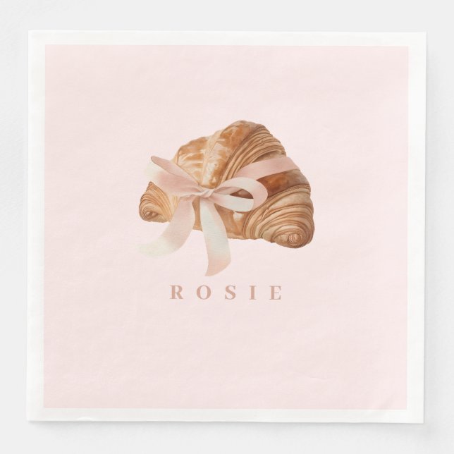 Personalized Coquette Croissant Pink Ribbon  Napkin (Front)