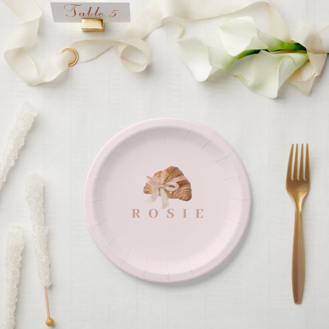 Personalized Coquette Croissant Pink Ribbon Paper Plate (Wedding)