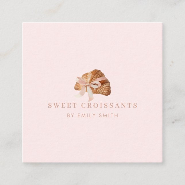 Personalized Coquette Croissant Pink Ribbon Square Business Card (Front)