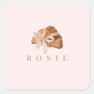 Personalized Coquette Croissant Pink Ribbon Square Sticker