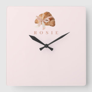 Personalized Coquette Croissant Pink Ribbon Square Wall Clock