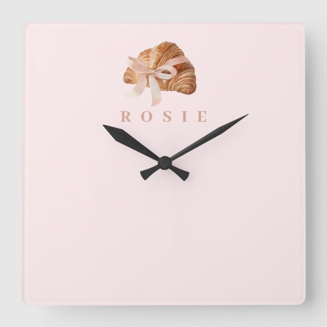 Personalized Coquette Croissant Pink Ribbon Square Wall Clock (Front)