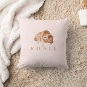 Personalized Coquette Croissant Pink Ribbon Throw Pillow