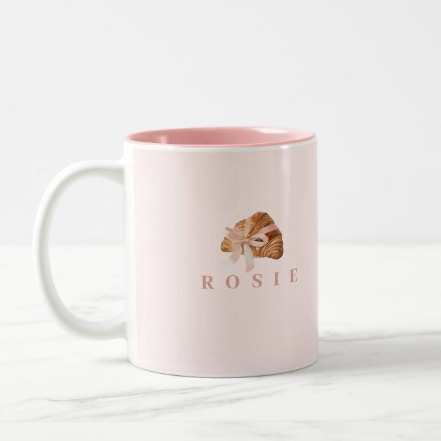 Personalized Coquette Croissant Pink Ribbon Two-Tone Coffee Mug (Left)