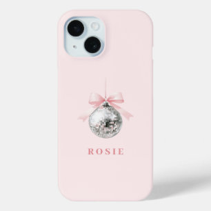 Personalized Coquette Disco Ball Pink Ribbon iPhone 15 Case