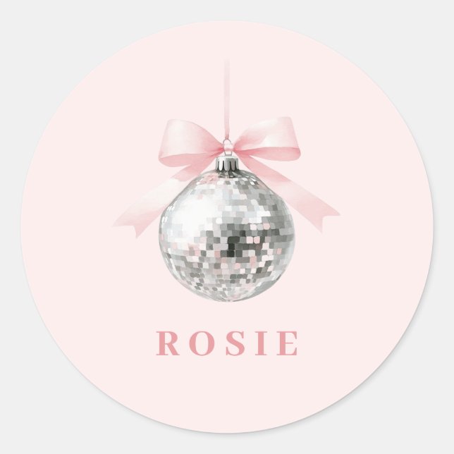 Personalized Coquette Disco Ball Pink Ribbon Classic Round Sticker (Front)