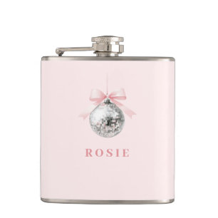 Personalized Coquette Disco Ball Pink Ribbon Hip Flask