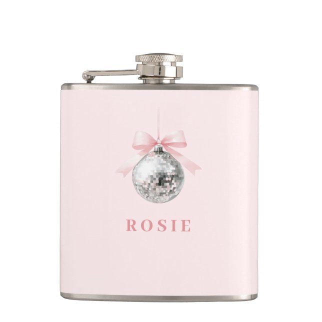 Personalized Coquette Disco Ball Pink Ribbon Hip Flask (Front)