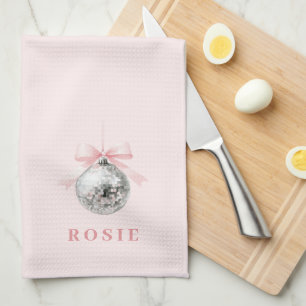 Personalized Coquette Disco Ball Pink Ribbon Kitchen Towel