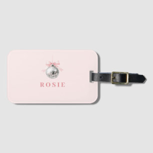 Personalized Coquette Disco Ball Pink Ribbon Luggage Tag