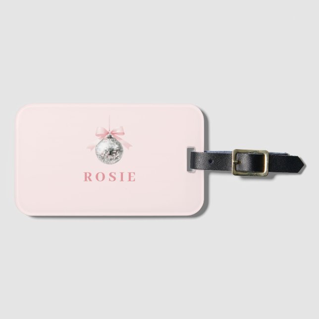 Personalized Coquette Disco Ball Pink Ribbon Luggage Tag (Front Horizontal)