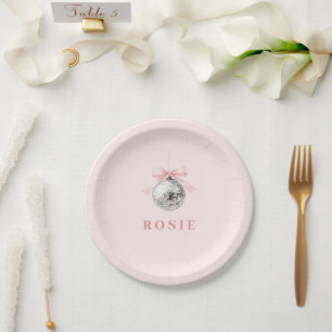 Personalized Coquette Disco Ball Pink Ribbon Paper Plate