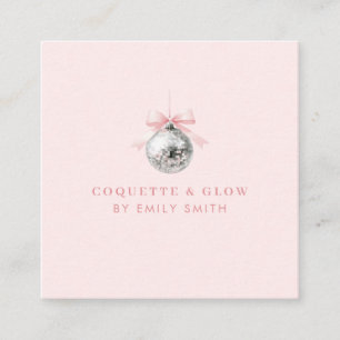Personalized Coquette Disco Ball Pink Ribbon Square Business Card