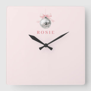 Personalized Coquette Disco Ball Pink Ribbon Square Wall Clock