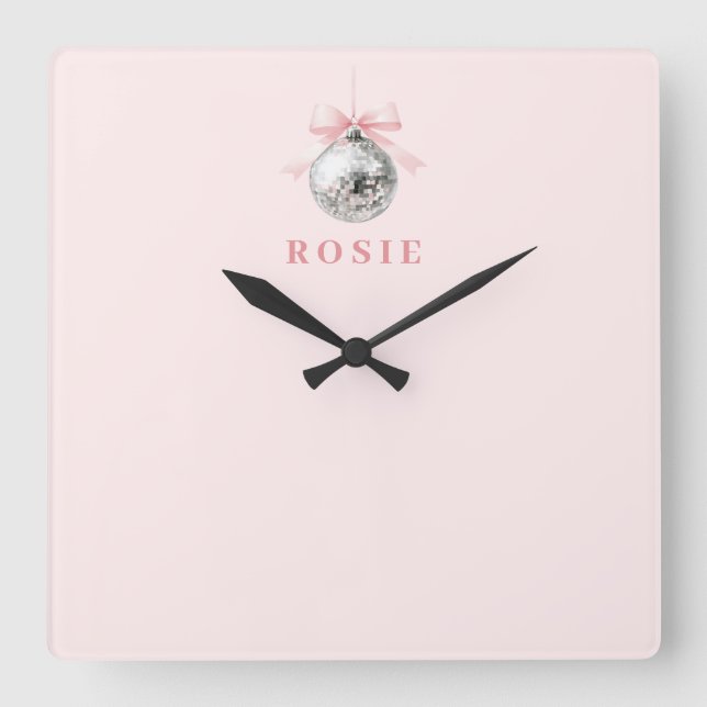 Personalized Coquette Disco Ball Pink Ribbon Square Wall Clock (Front)