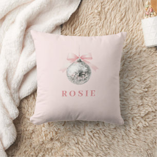 Personalized Coquette Disco Ball Pink Ribbon Throw Pillow