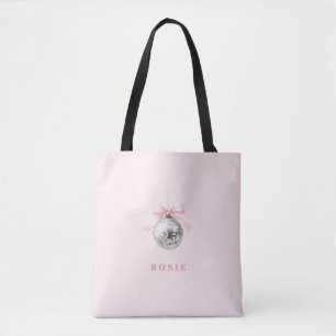 Personalized Coquette Disco Ball Pink Ribbon Tote Bag
