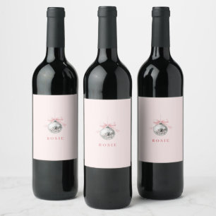 Personalized Coquette Disco Ball Pink Ribbon Wine Label