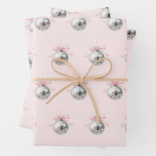 Personalized Coquette Disco Ball Pink Ribbon Wrapping Paper Sheet