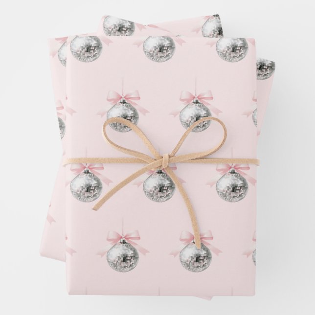Personalized Coquette Disco Ball Pink Ribbon Wrapping Paper Sheet (In situ)